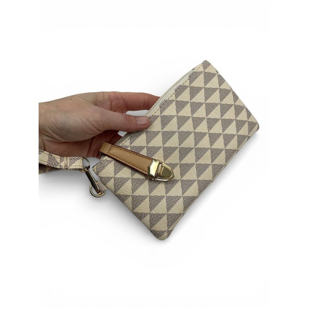 Geometric Pattern Beige Wristlet With Gold Accent & Zipper Closure